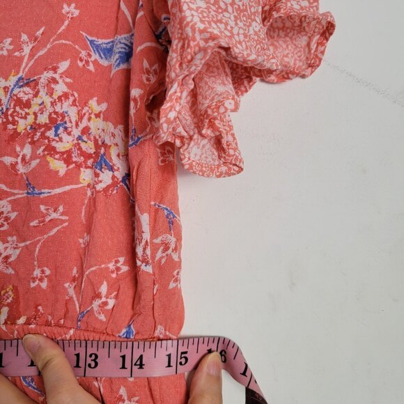 DR2 Coral Pink Floral Faux Wrap Flutter Short Sleeve V Neck Midi Dress Sz Medium - Picture 8 of 12